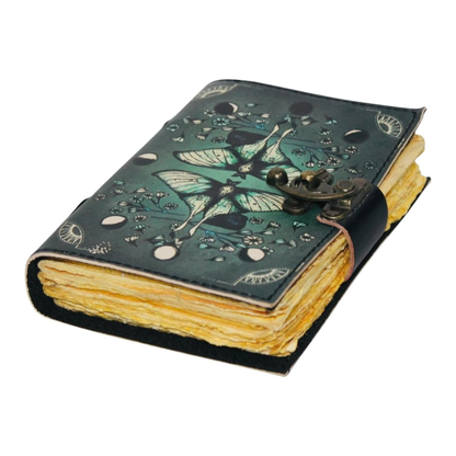 Blank Spell Book of Shadows Leather Journal Diary – Luna Moths and Morpho Butterfly Bound Journal with Clasp Lock – 200 Page Deckle Edge Vintage Notebook for Writing, Home, Office, Travelling