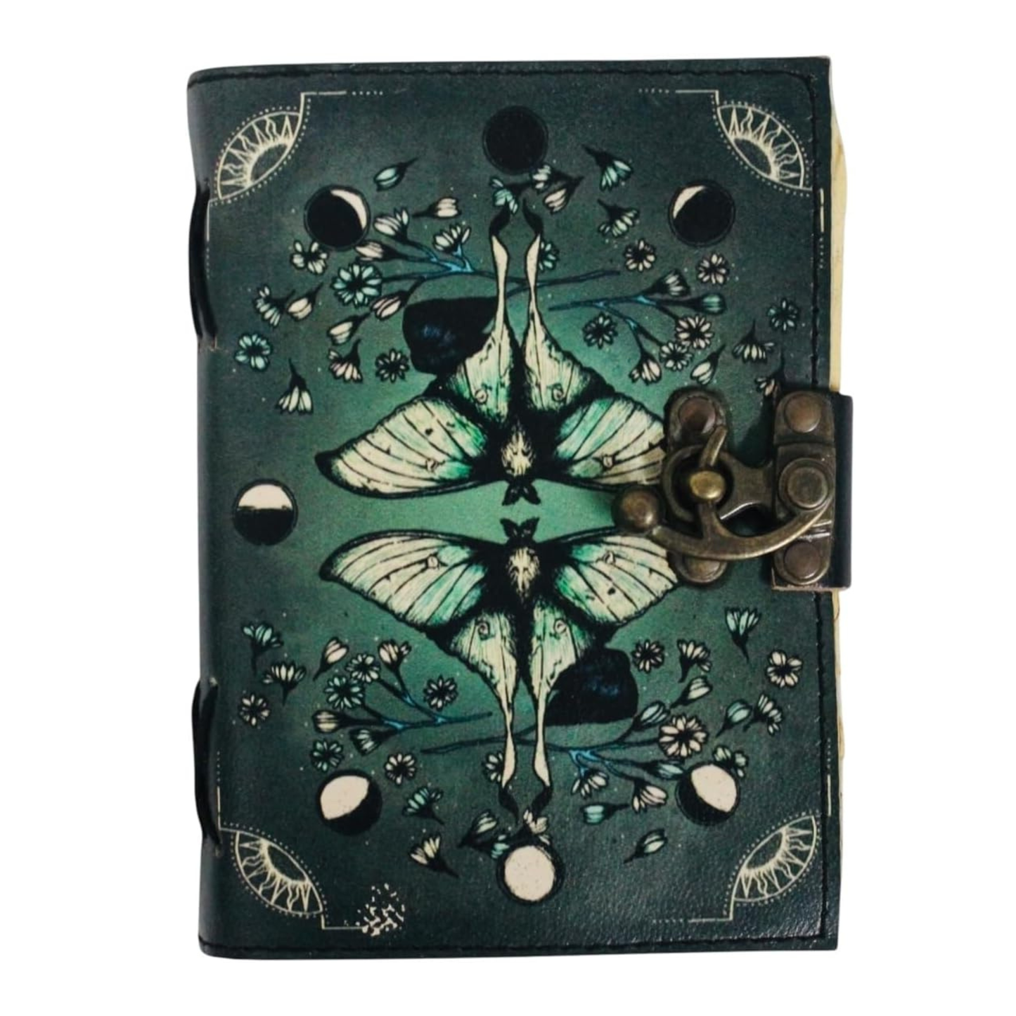 Blank Spell Book of Shadows Leather Journal Diary – Luna Moths and Morpho Butterfly Bound Journal with Clasp Lock – 200 Page Deckle Edge Vintage Notebook for Writing, Home, Office, Travelling