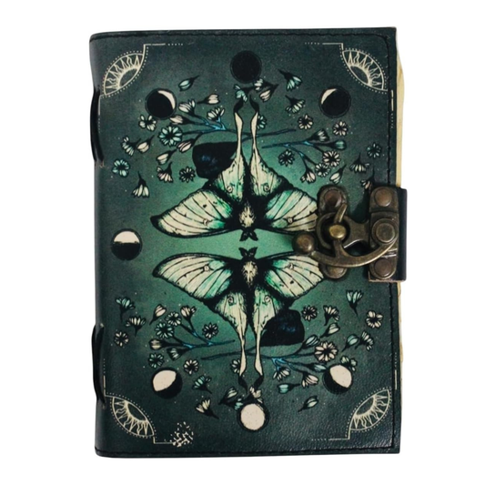Blank Spell Book of Shadows Leather Journal Diary – Luna Moths and Morpho Butterfly Bound Journal with Clasp Lock – 200 Page Deckle Edge Vintage Notebook for Writing, Home, Office, Travelling