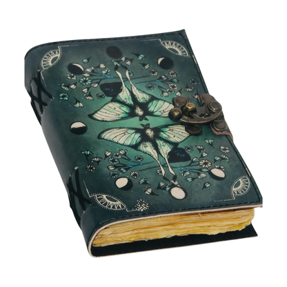 Blank Spell Book of Shadows Leather Journal Diary – Luna Moths and Morpho Butterfly Bound Journal with Clasp Lock – 200 Page Deckle Edge Vintage Notebook for Writing, Home, Office, Travelling