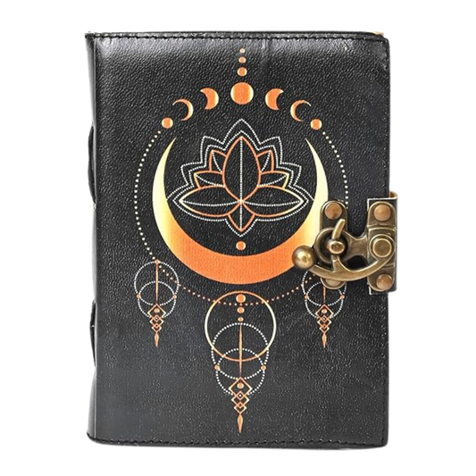 Blank Spell Book of Shadows Leather Journal with Vintage Clasp Lock – Crescent Moon Diary with 200 Page Antique Deckle Edge Paper – Wiccan Prayer Journal, Aesthetic Gift for Men & Women