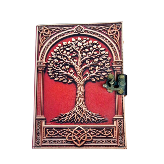 Tree of Life, Book of Shadows with Vintage Clasp Lock – 200 Page Antique Deckle Edge Leather Bound Notebook – Notebook Journal Gift for Men & Women