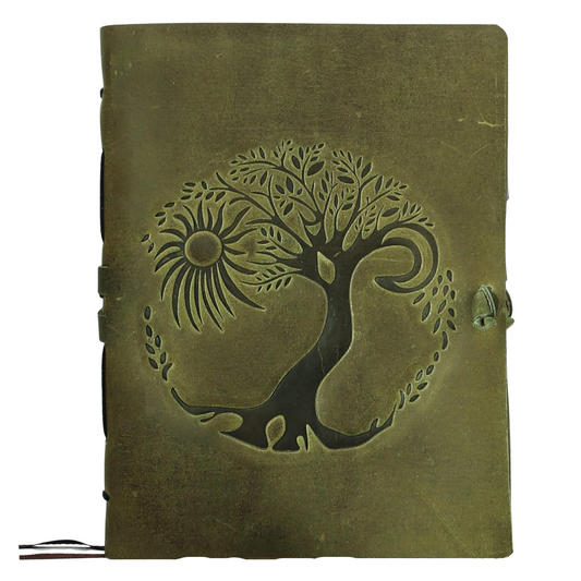 Leather Journal for women and men embossed 8 x 6 inch Handmade Lined craft paper tree of life sun and moon notebook writing notepad book of shadows journal (Green)