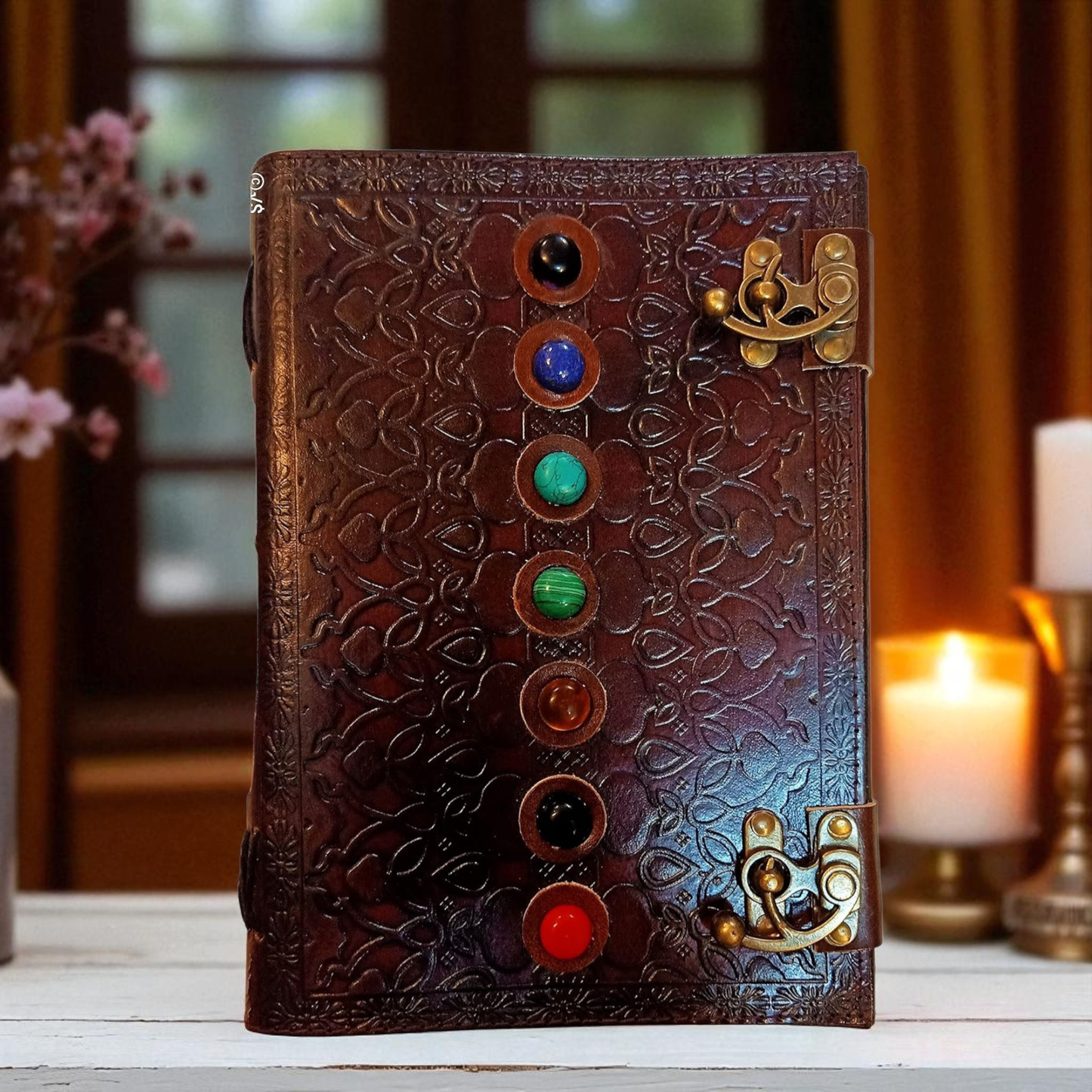 Leather Book of Shadows Journal, Supernatural Notebook with Chakra Gem Stones Healing Crystals