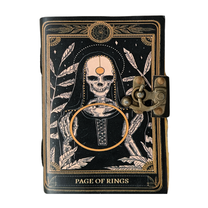 Book of Spell Leather Journal  Halloween Decorations Decor, Grimoire Printed Diary Notebook  Vintage Christmas Gift for Men & Women (Page of Rings)