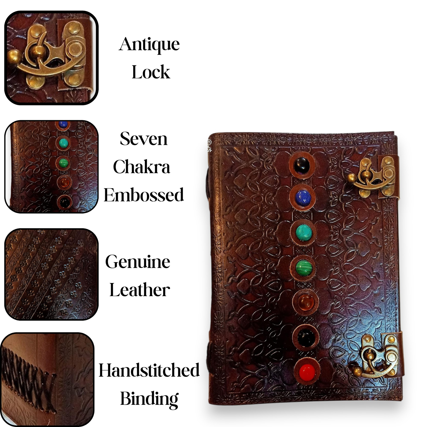 Leather Book of Shadows Journal, Supernatural Notebook with Chakra Gem Stones Healing Crystals