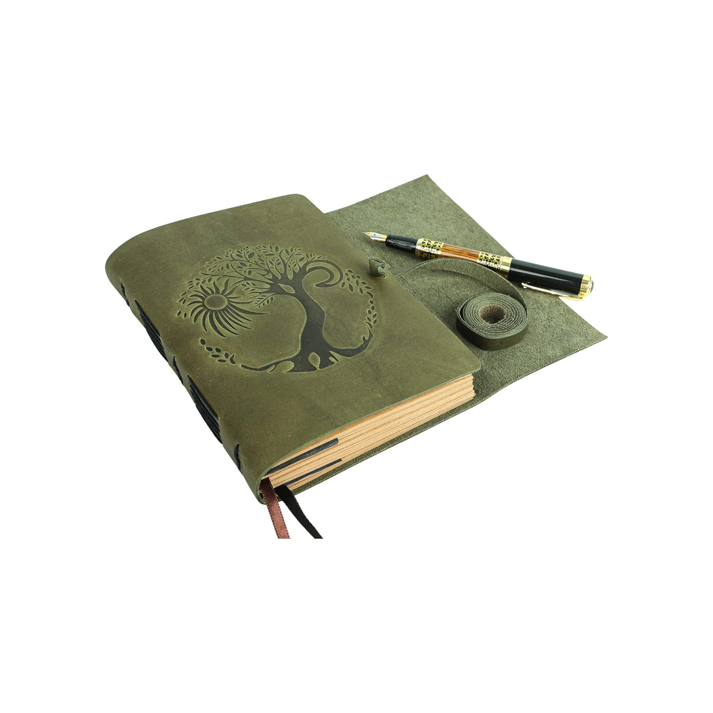 Leather Journal for women and men embossed 8 x 6 inch Handmade Lined craft paper tree of life sun and moon notebook writing notepad book of shadows journal (Green)
