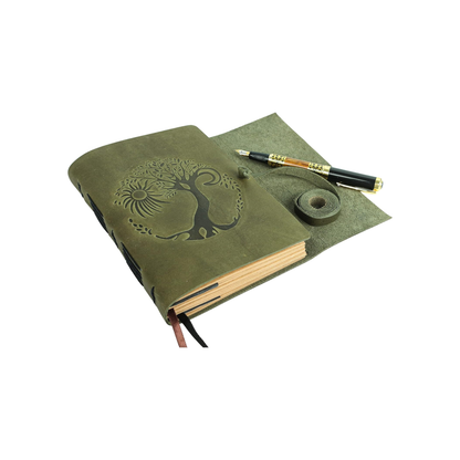 Leather Journal for women and men embossed 8 x 6 inch Handmade Lined craft paper tree of life sun and moon notebook writing notepad book of shadows journal (Green)