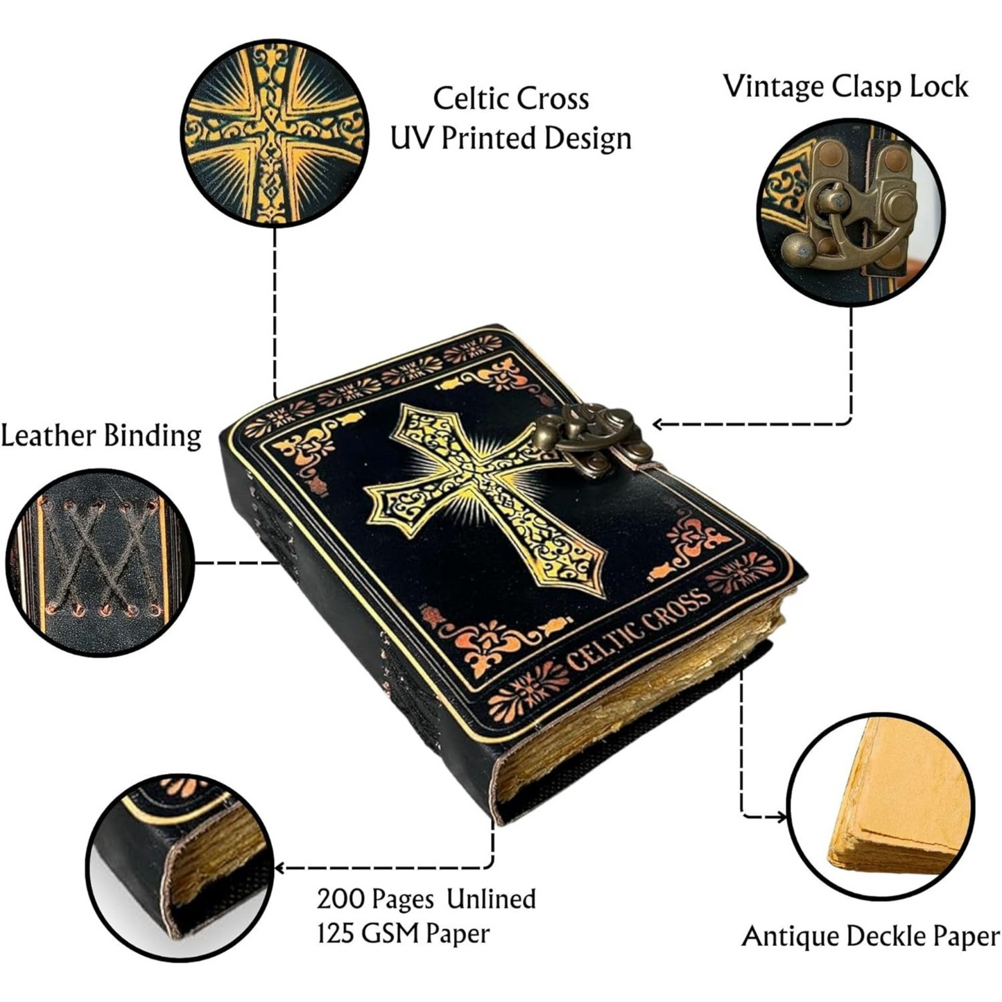 Celtic Cross Leather Journal Gift Set – Hardcover Spell Book of Shadows Grimoire with Deckle Edge Paper, Witchy Antique Vintage Diary, Holy Bible Journal, Halloween & Christmas Gift for Men & Women