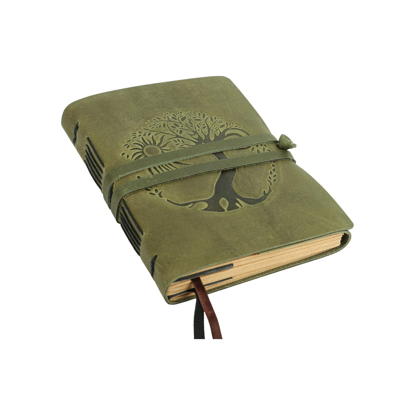 Leather Journal for women and men embossed 8 x 6 inch Handmade Lined craft paper tree of life sun and moon notebook writing notepad book of shadows journal (Green)