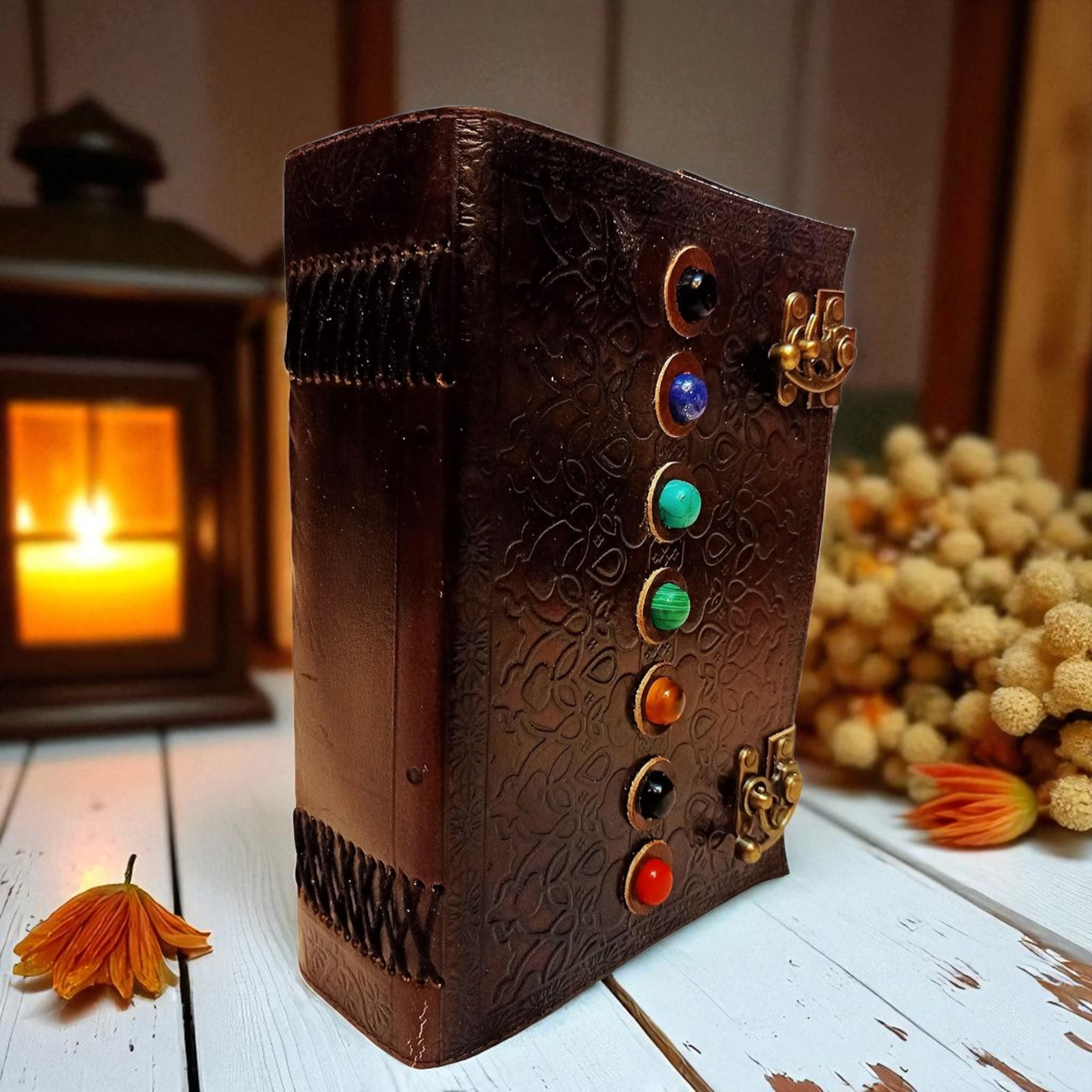 Leather Book of Shadows Journal, Supernatural Notebook with Chakra Gem Stones Healing Crystals