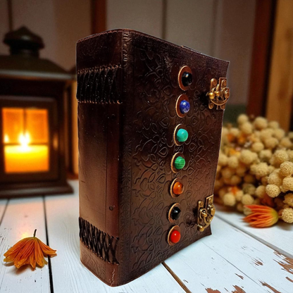 Leather Book of Shadows Journal, Supernatural Notebook with Chakra Gem Stones Healing Crystals