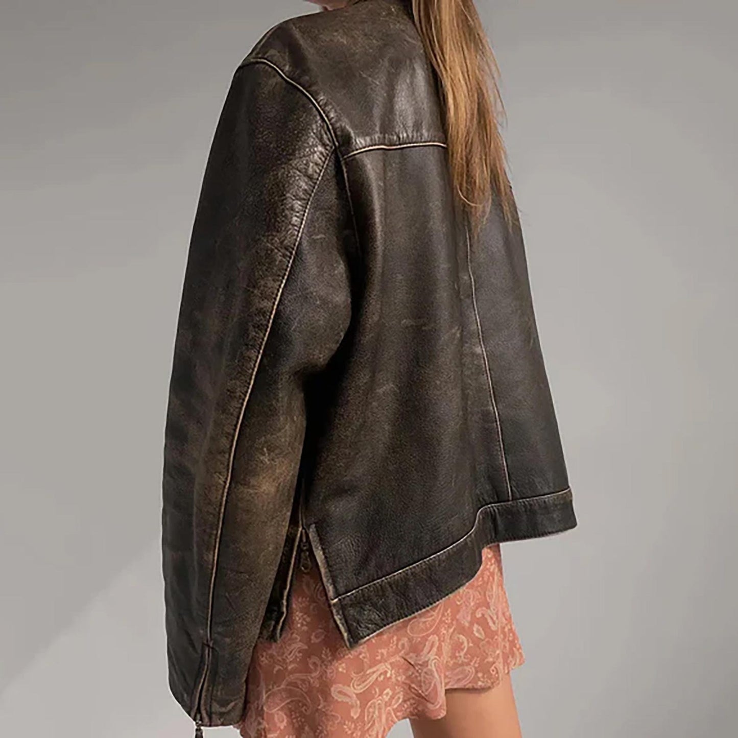 The Prastara 1990s Women’s Oversized Brown Distressed Leather Jacket