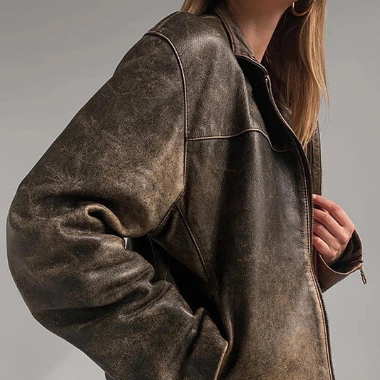 The Prastara 1990s Women’s Oversized Brown Distressed Leather Jacket