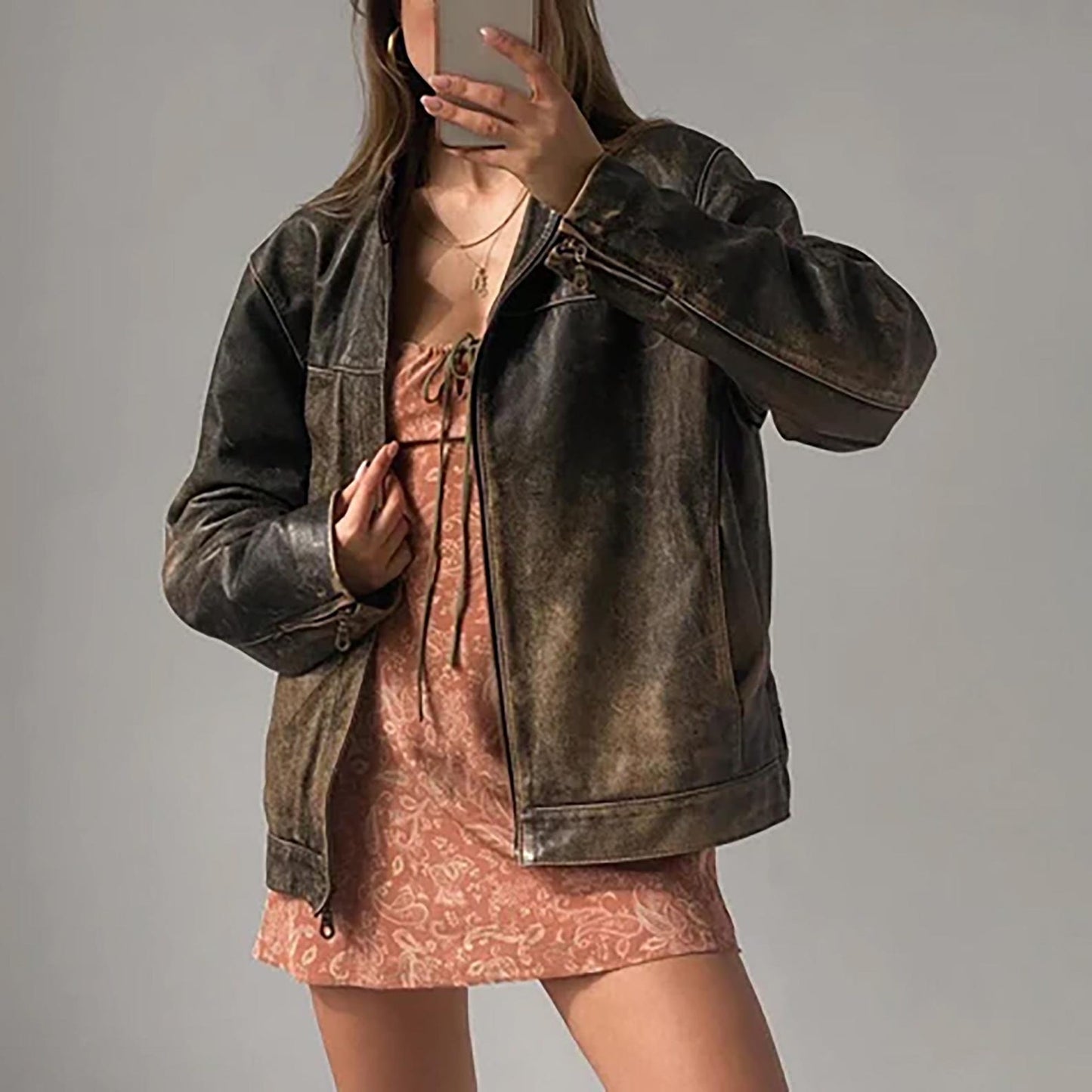 The Prastara 1990s Women’s Oversized Brown Distressed Leather Jacket