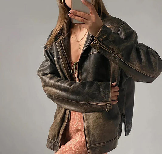 The Prastara 1990s Women’s Oversized Brown Distressed Leather Jacket