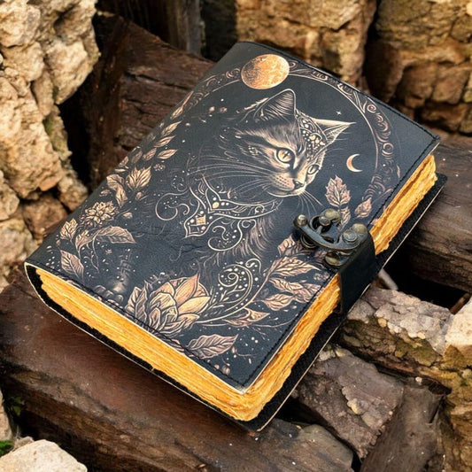 Handicraft Cat Printed Vintage Leather Journal for Men & Women 200 Pages of Antique Handmade Deckle Edge Vintage Paper, Leather Sketchbook, Drawing Journal, Printed Leather Journal, Great Gift