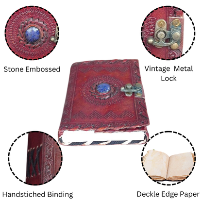 Leather Journal Large Writing Notebook Handmade Bound Vintage Journal For Women & Men with Lock/Semi-Precious Stone Gift For Art Sketchbook (7 x 5 Inches)