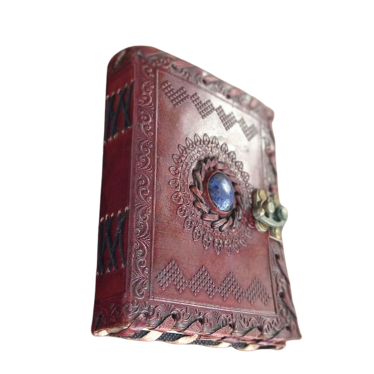 Leather Journal Large Writing Notebook Handmade Bound Vintage Journal For Women & Men with Lock/Semi-Precious Stone Gift For Art Sketchbook (7 x 5 Inches)