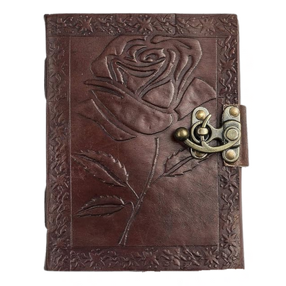 Handmade Leather Bound Journal Vintage Writing Notebook For Women and Men with Lock & Engraved Rose
