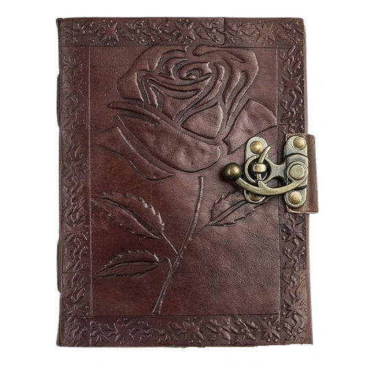 Handmade Leather Bound Journal Vintage Writing Notebook For Women and Men with Lock & Engraved Rose